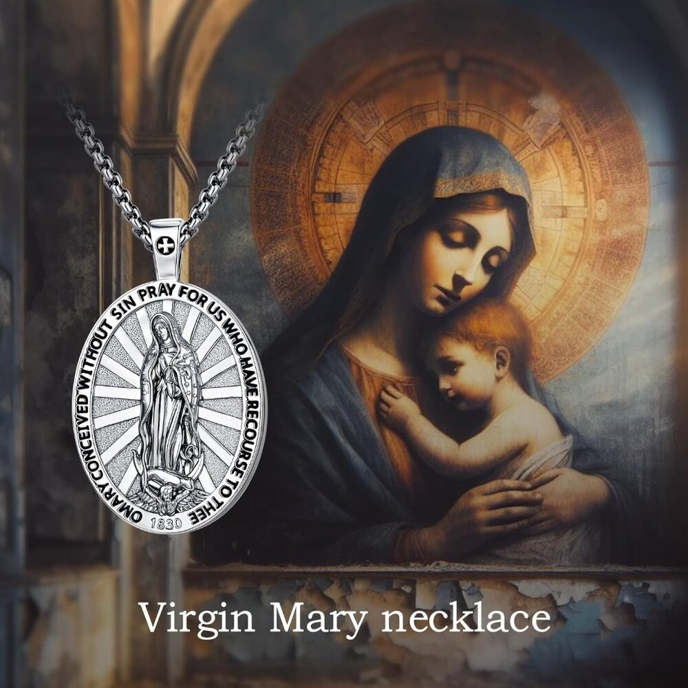 Virgin Mary Patron Saint Necklace Silver Oval Medallion with Bible Verses - Picture 3 of 9